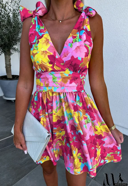 MidiSono - Sexy V-neck Sleeveless Printed Dress