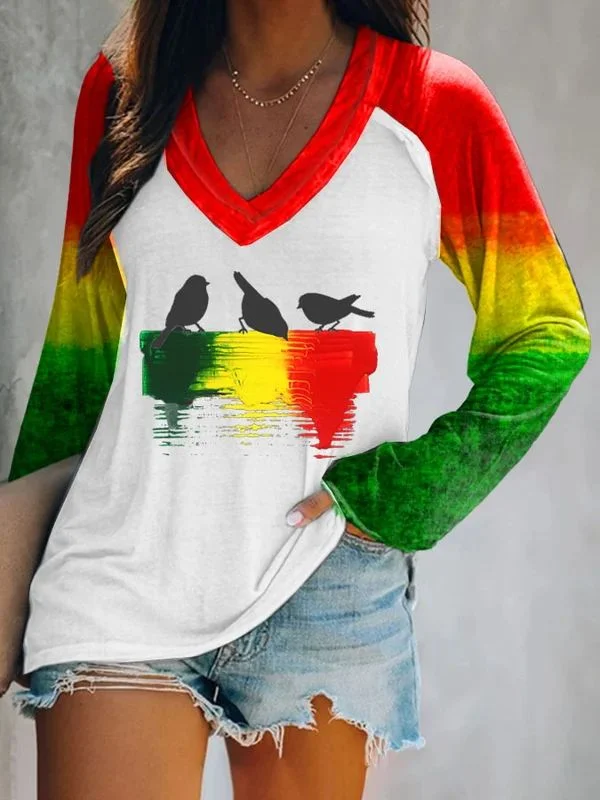 Three Little Birds Print Long Sleeve V-Neck T-Shirt