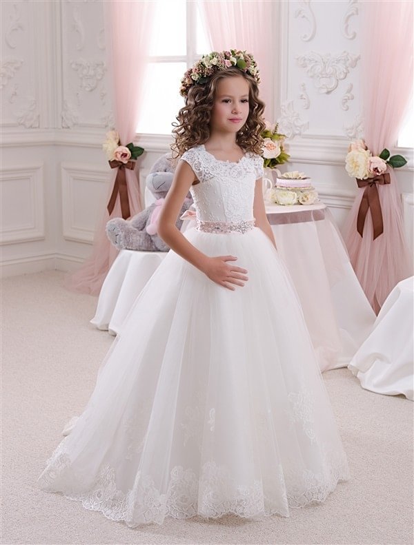 Luluslly Cap Sleeves Lace Flower Girl Dress Tulle With Belt