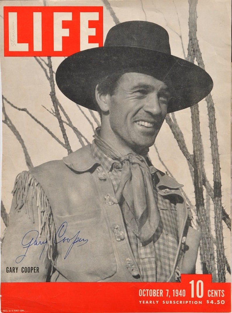 GARY COOPER SIGNED Magazine Cover The Westerner A Farewell to Arms Mr. Deeds Goes to Town 11x 14 wcoa