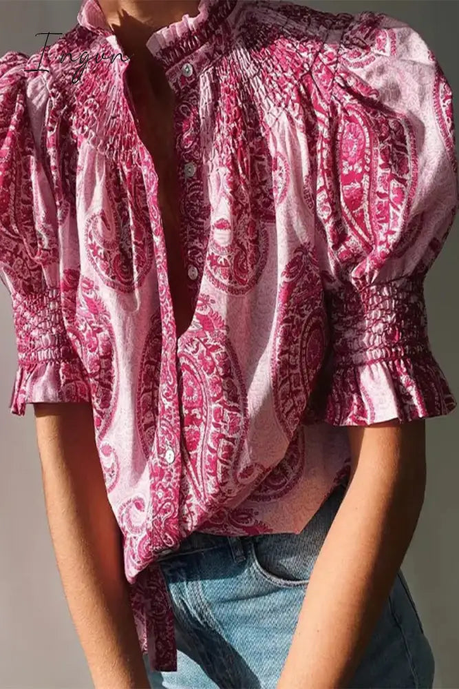 Ingvn - Casual National Totem Print Fold Square Collar Blouses Pink / S Tops/Blouses & Shirts