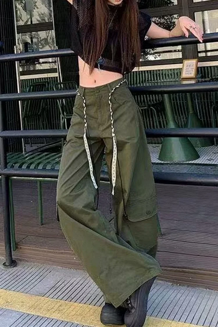 Military Green Cargo Pants for Women Wide Leg & Loose Fit