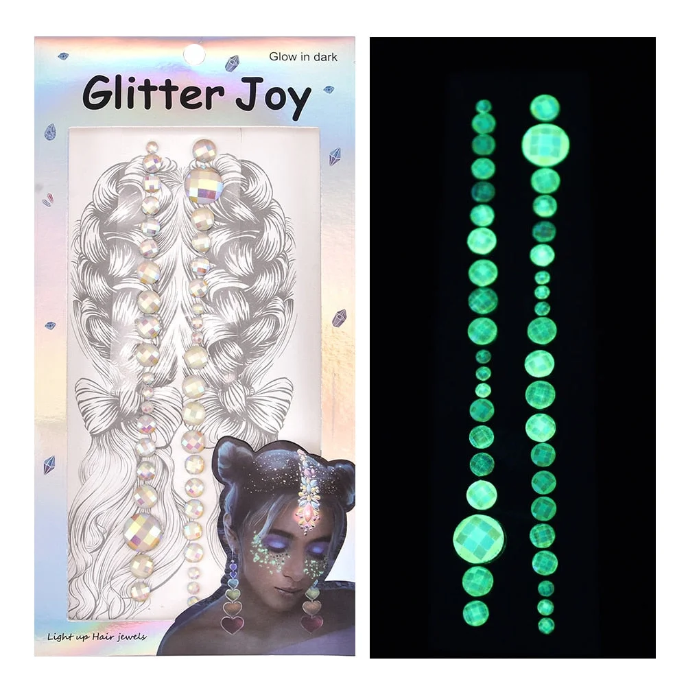 3D Luminous Crystal Forehead Headpiece Sticker Hair Jewels Glitter Face Body Gem Festival Shiny Diamond Temporary Tattoo Sticker