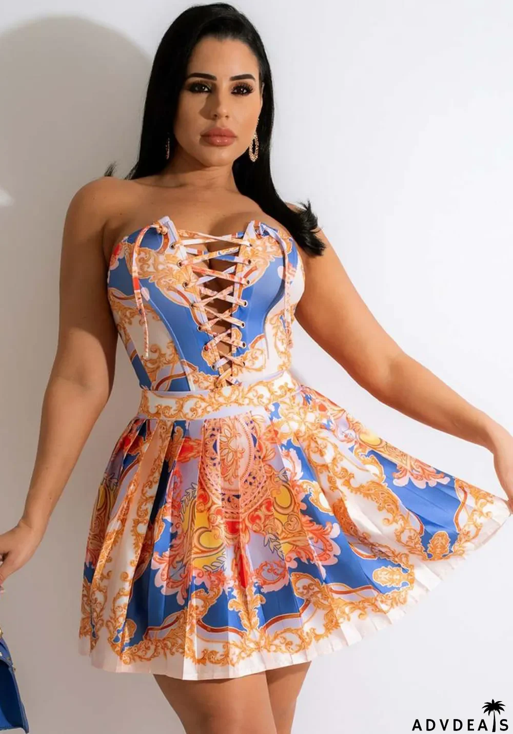 Women Summer Printed Vintage Strapless High Waist Hole Regular MiniTwo Piece Skirt Set