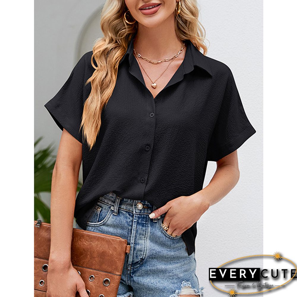 Black Button Lapel V Neck Short Sleeve Shirt