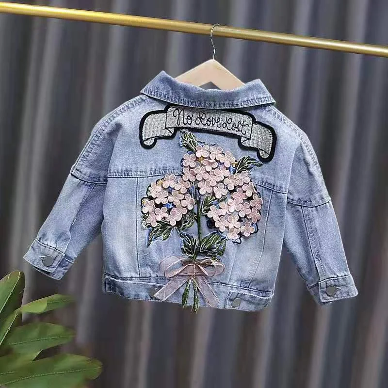 Spring Autumn Kids Denim Jackets for Girls Baby Flower Embroidery Coats  Fashion Child Kids Outwear Ripped Jeans Jackets Jean