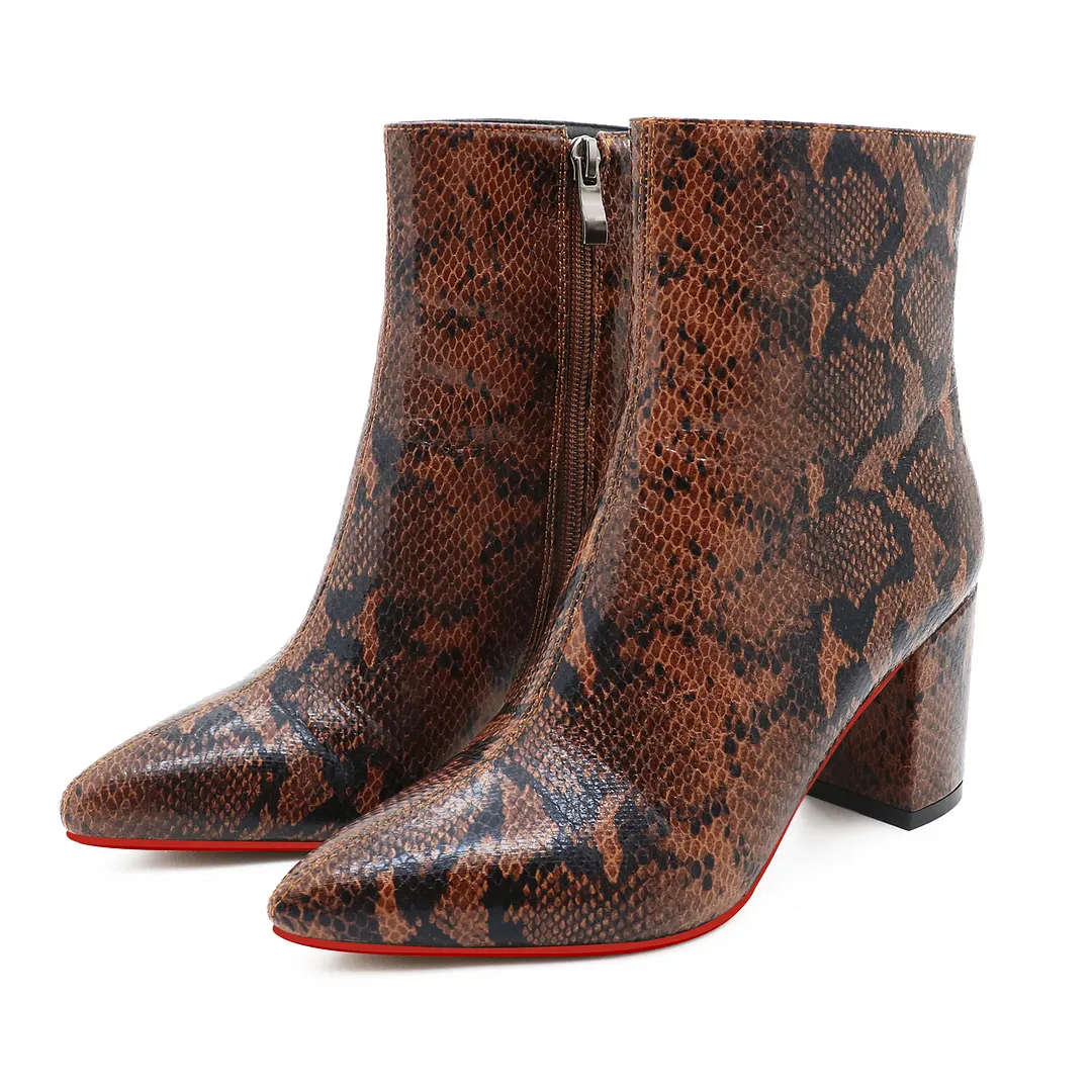 75mm Women's Zipper Pointed Toe Red Bottom Chunky Heel Ankle Boots-vocosishoes