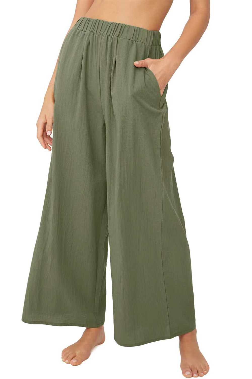 Plus Size Casual Green Cotton And Linen High Rise Elastic Waist Wide Leg Pants 2024 - Flycurvy 
