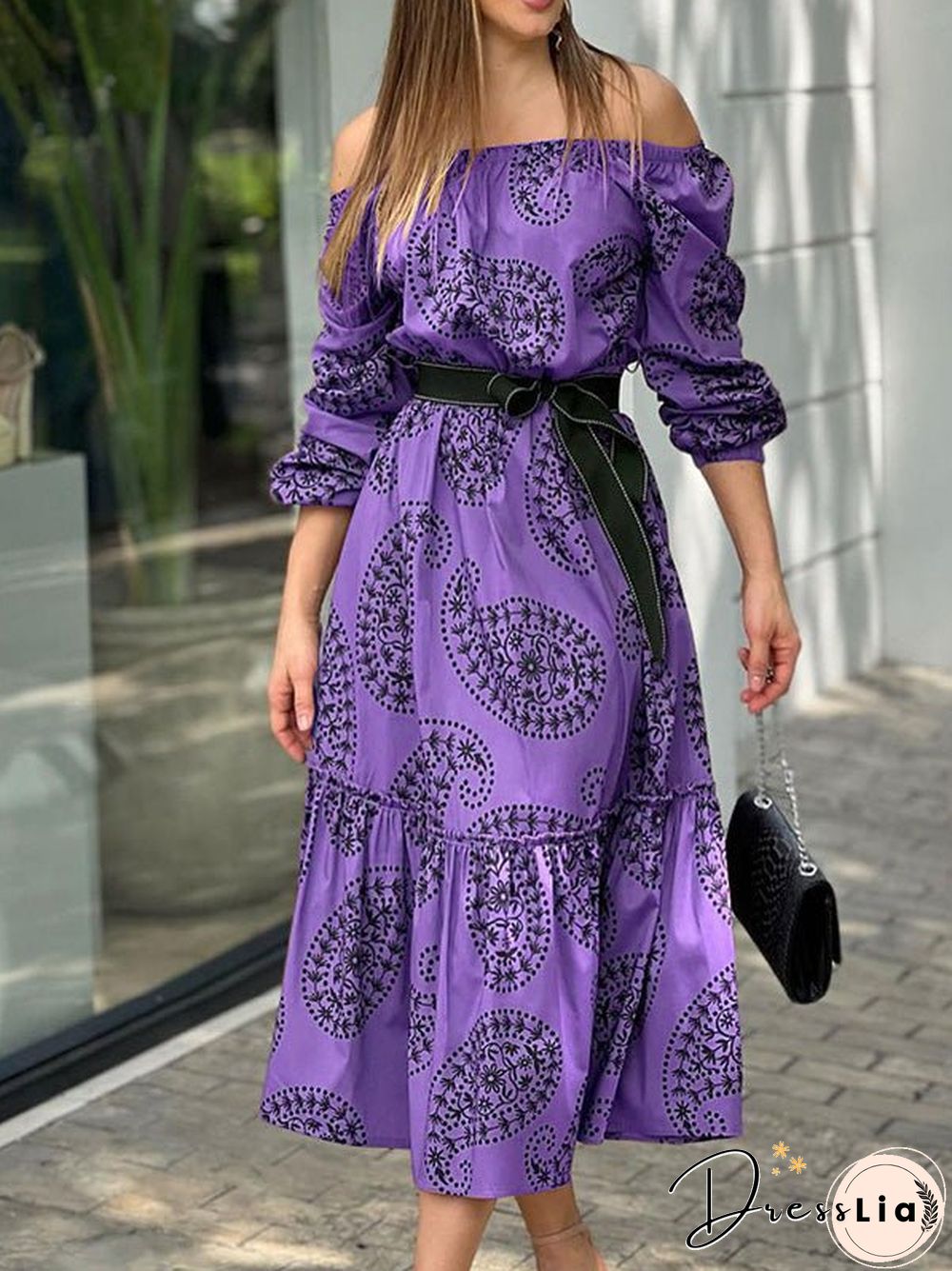 Women'S Dresses One-Shoulder Belted Long Sleeve Print Dress