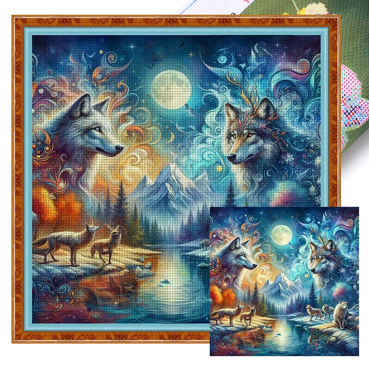 Wolves Facing Each Other Under The Moon (50*50cm) 11CT Stamped Cross Stitch gbfke