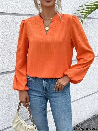 Notched Balloon Sleeve Blouse