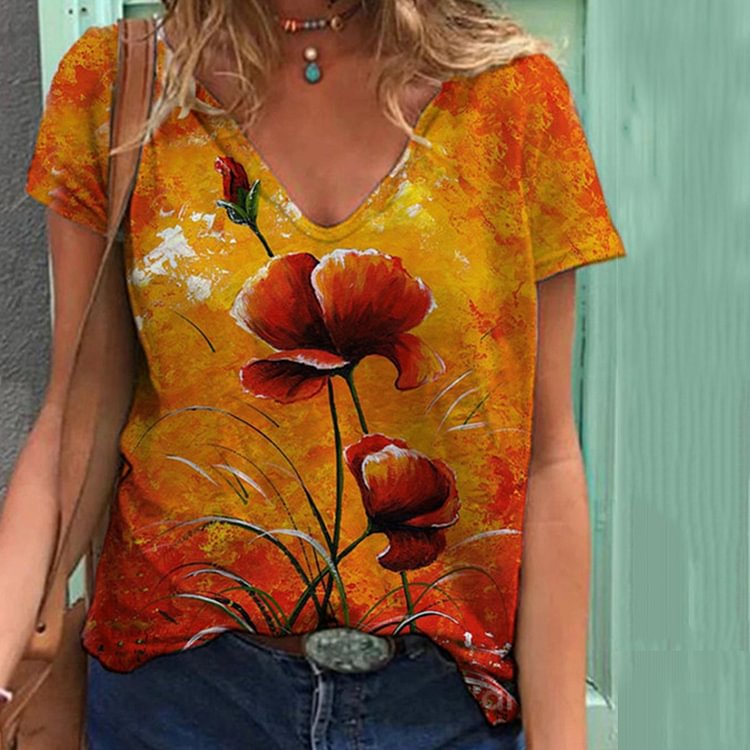 Artwishers Casual Flower Print Short Sleeve T-Shirt