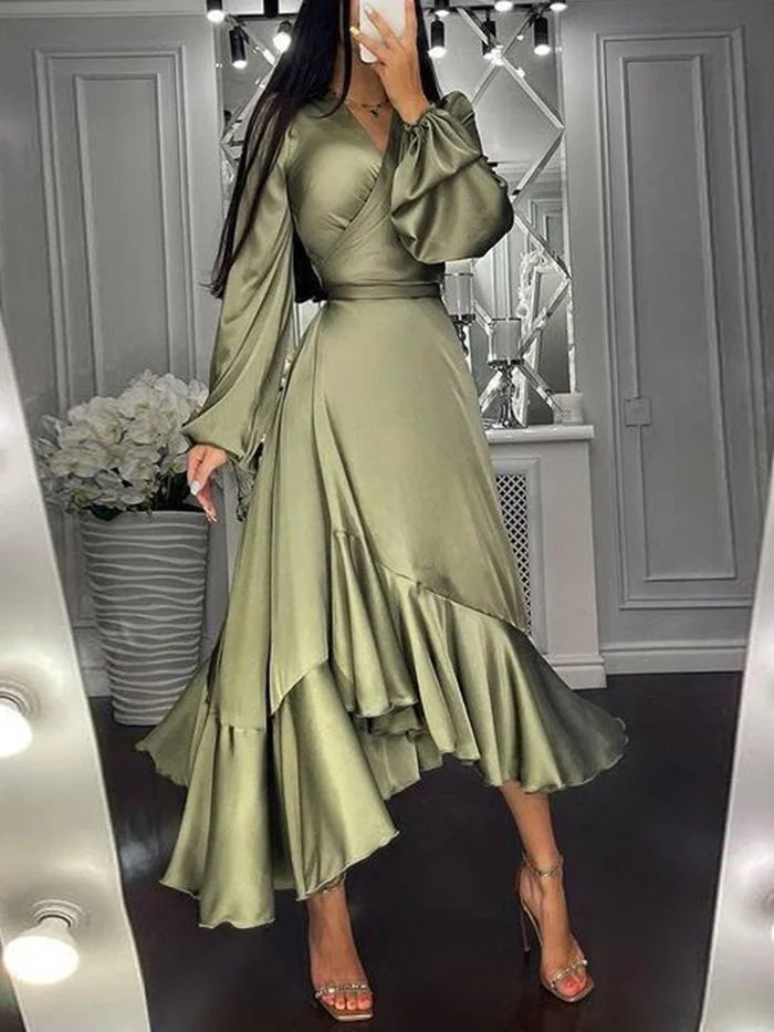 Deep V Long Sleeve Solid Color Dress