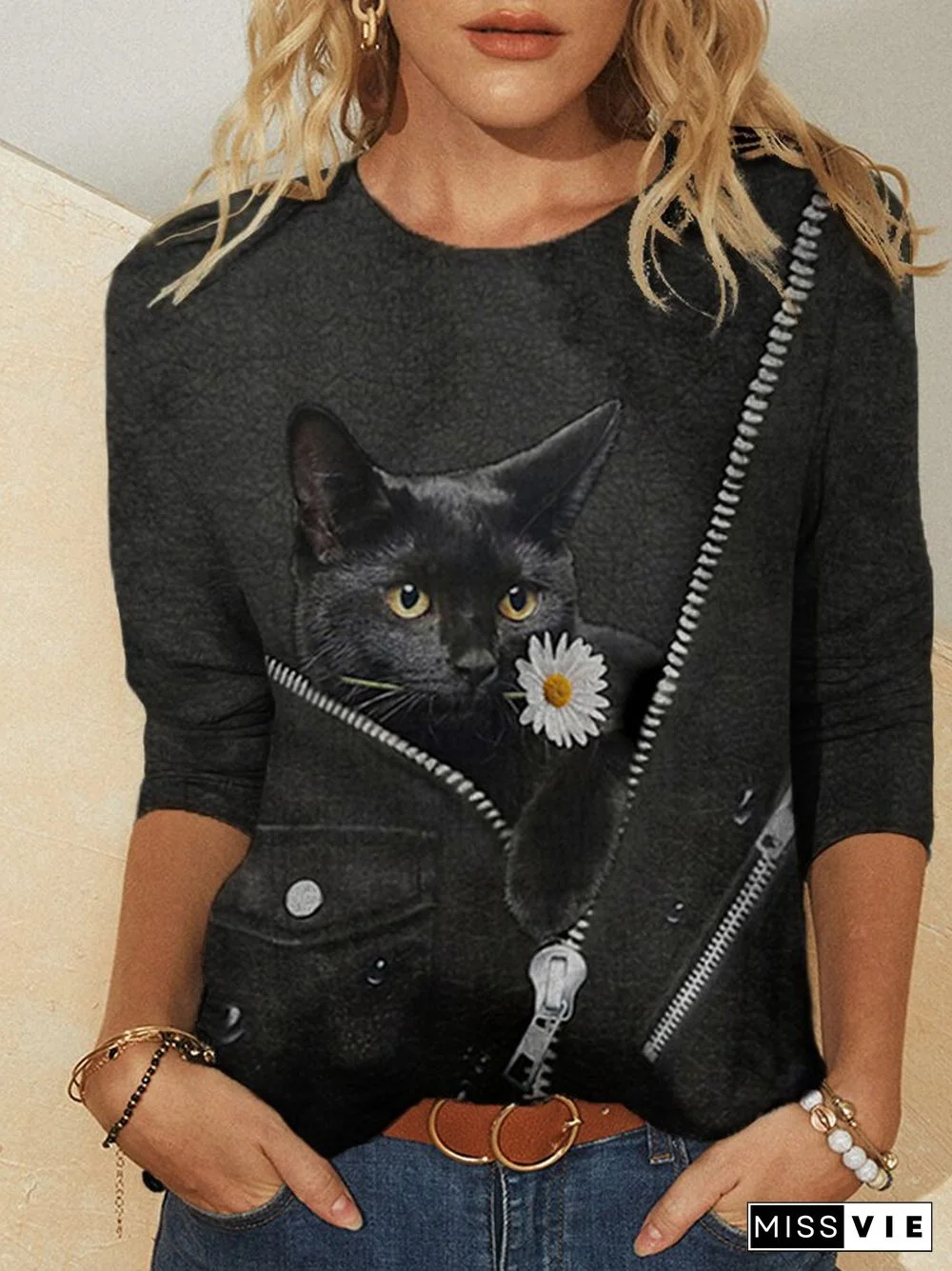 Cat Flower Print O-neck Long Sleeve Casual T-shirt