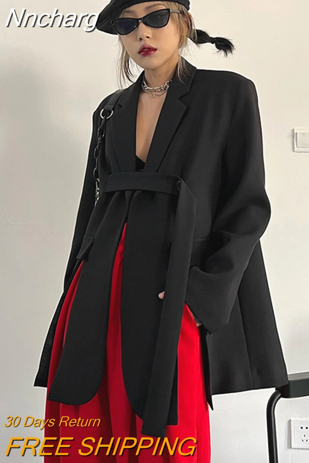 Nncharge Side Split Black Blazer For Women Notched Collar Long Sleeve Solid Minimalist Blazers Female Spring Clothes Fashion