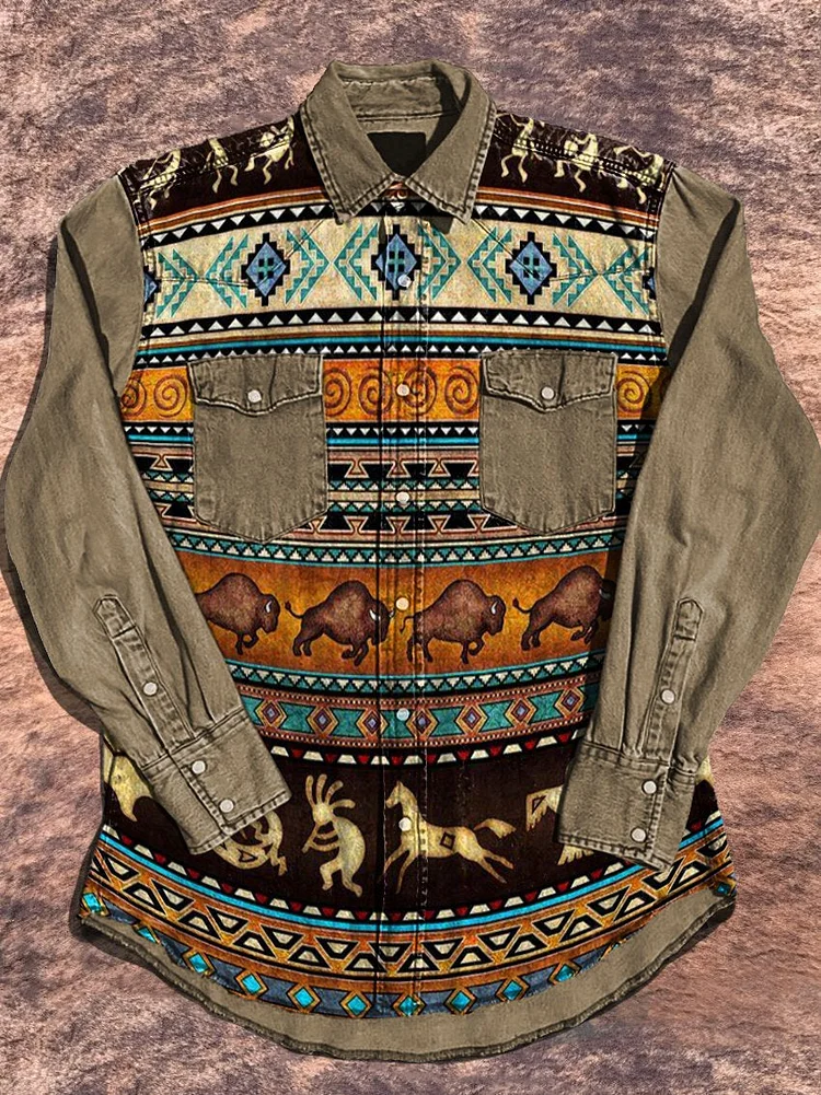 Vintage Western Ethnic Pattern Art Pattern Print Casual Shirt