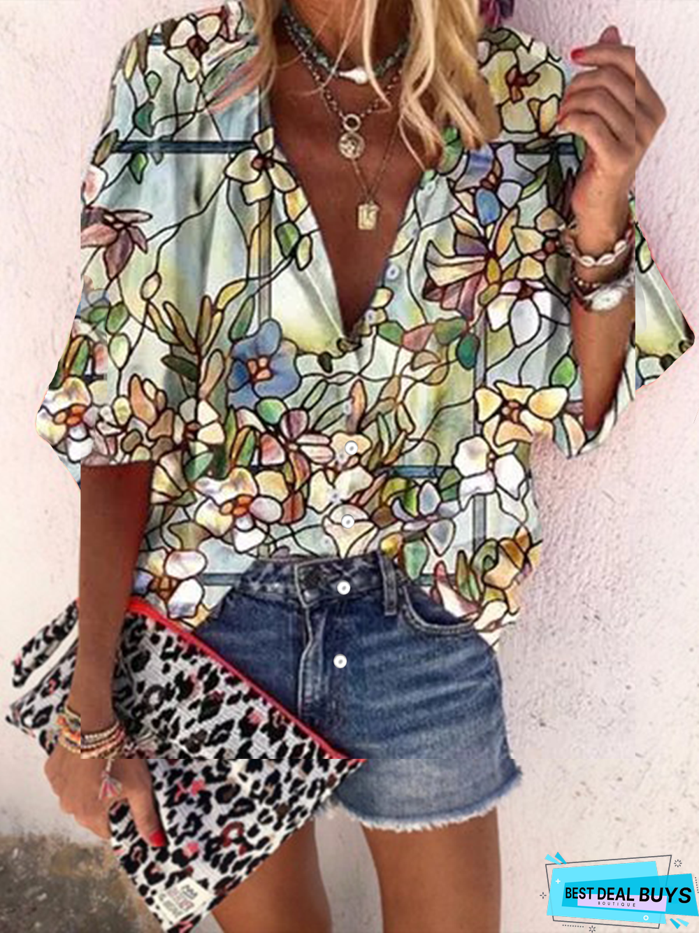 Floral-Print Short Sleeve Shift Boho Blouse