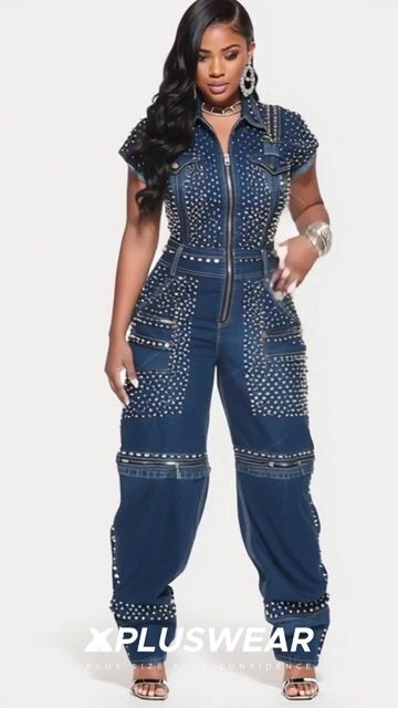 Xpluswear Design Plus Size Party Blue Shirt Collar Short Sleeve Zipper Drilling Denim Jumpsuits 2024 - Xpluswear