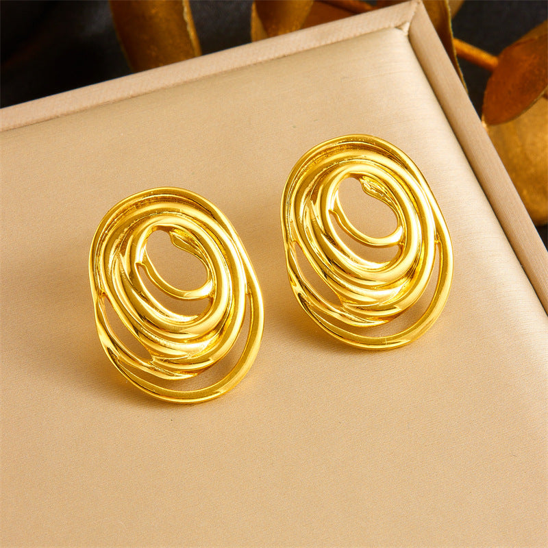 Simple And Cool Style Thread Rotating Circular Geometric Leaf Flower Stainless Steel Personality Smooth Earrings