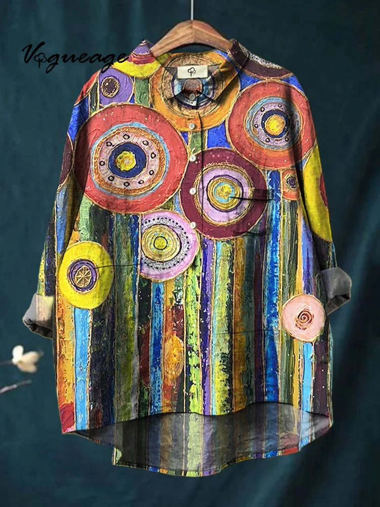 Artistic multi-color block printed cotton and linen shirt