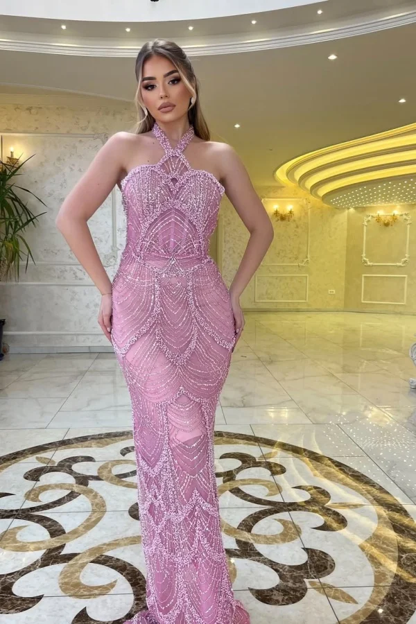 Miabel Shining Dusty Rose Beaded Sequins Sleeveless Halter Long Prom Dress  