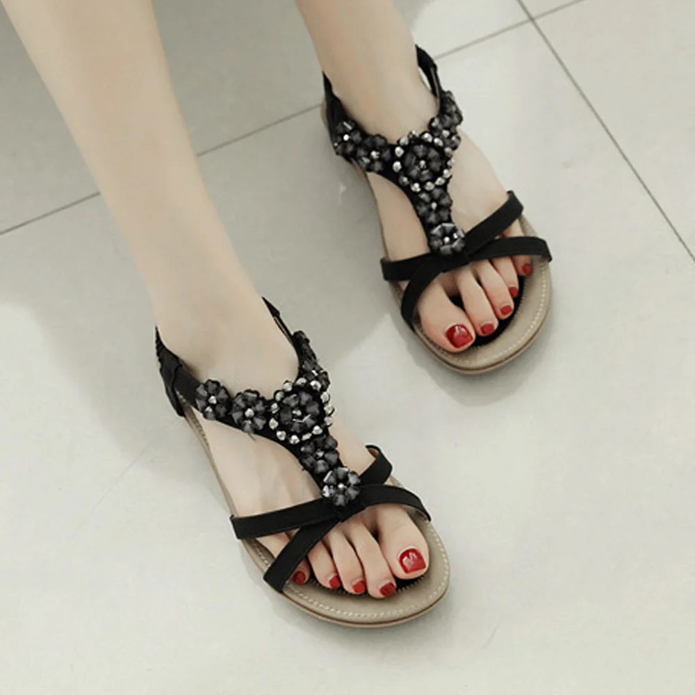 Smiledeer Summer new bohemian flower rhinestone flat elastic sandals