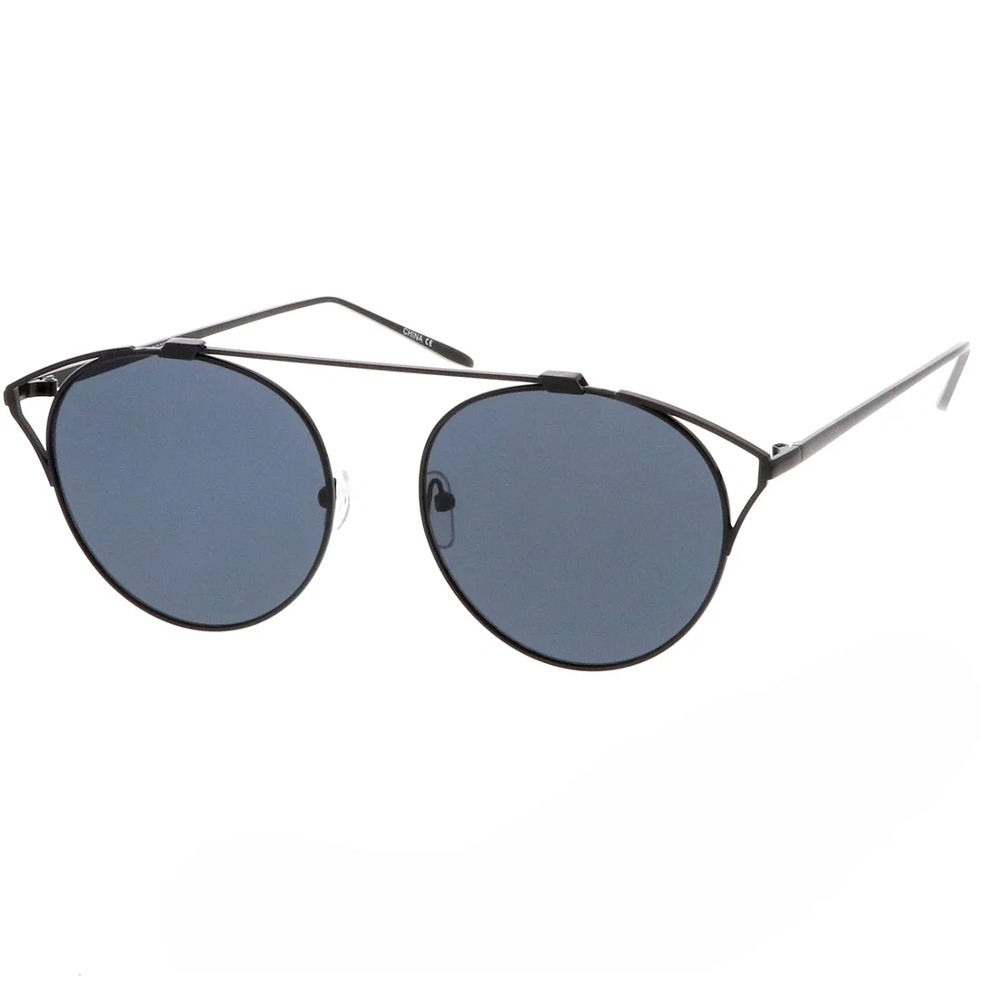 Oversize Open Metal Cat Eye Glasses With Crossbar Round Tinted Flat Lens 55mm