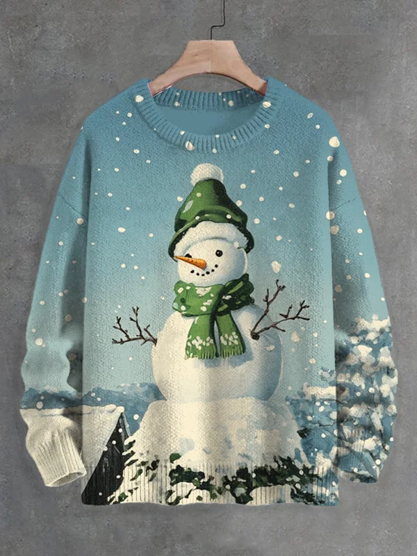 Men's Christmas Snowman On Fir Tree Art Print Knit Sweatshirt