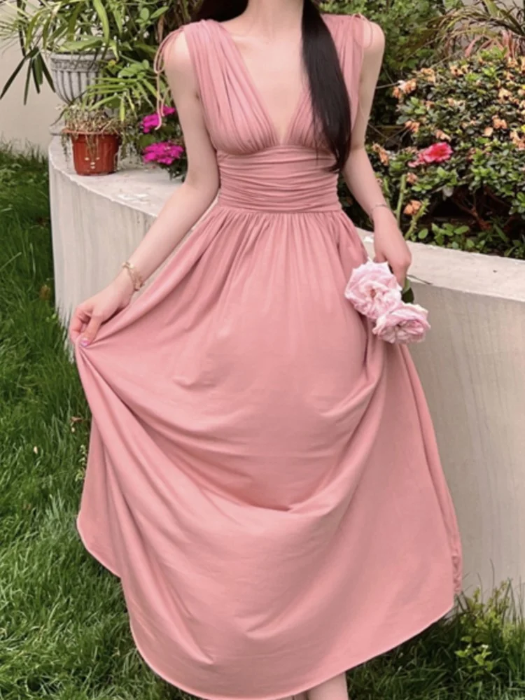 Churchf New Elegant Casual Women Midi Pink Dress Sleeveless Vintage Slim Fashion Party Prom Sundress Femme A-Line Outerwear Robe-Outfit Ideas