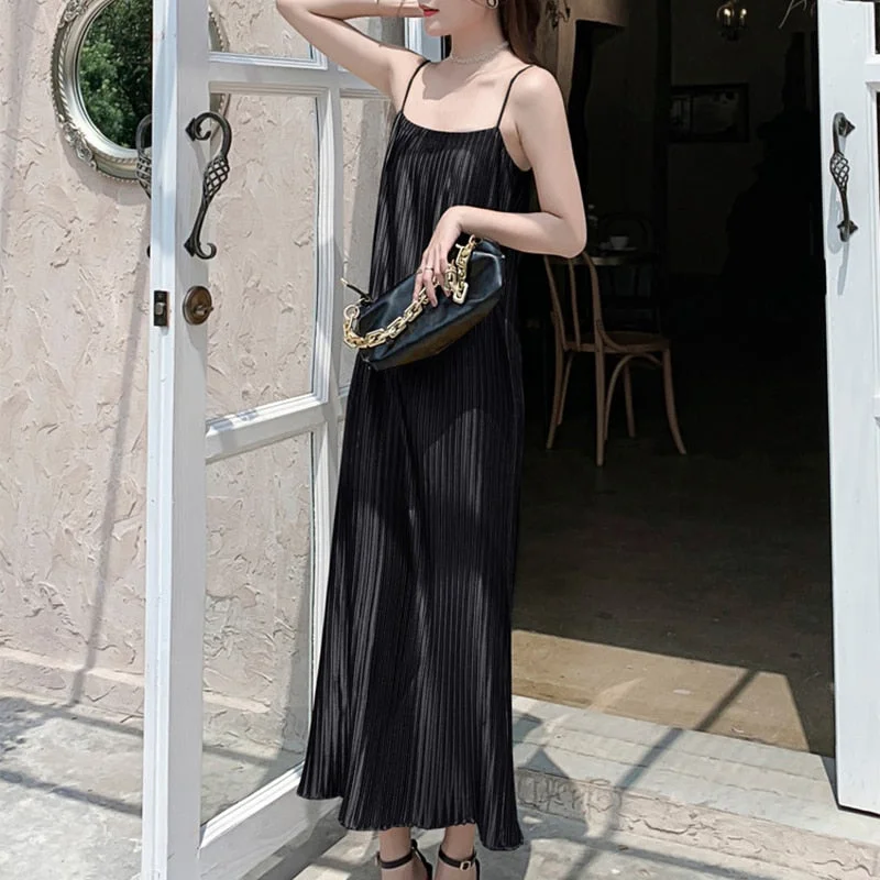 Ordifree 2022 Summer Women Satin Slip Dress Spaghetti Strap Long Silk Dress Sexy Pleated Party Dress