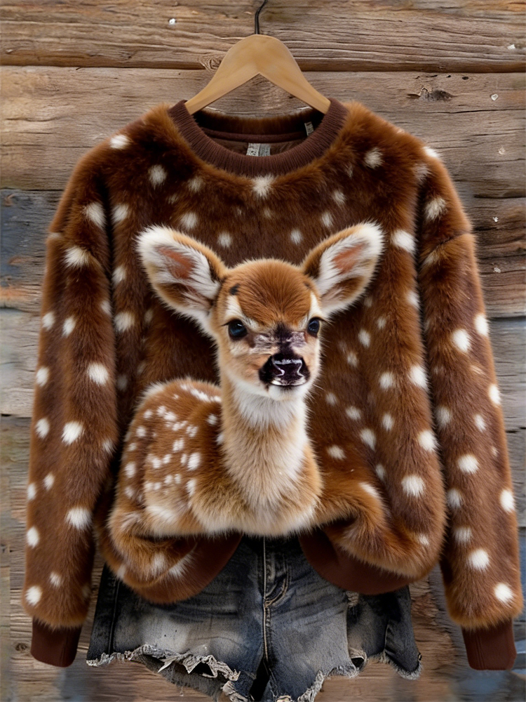 Lovely Baby Deer & Pattern Cozy Plush Sweatshirt wearshes