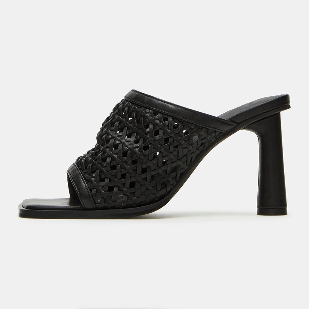 Chic Black Open Square Toe Woven Cylinder Heel Mules Sandals
