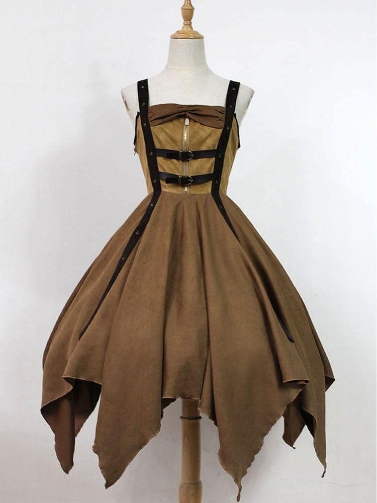 Gothic Women Dress Suede Punk Irregular Hemline JSK Dress Novameme