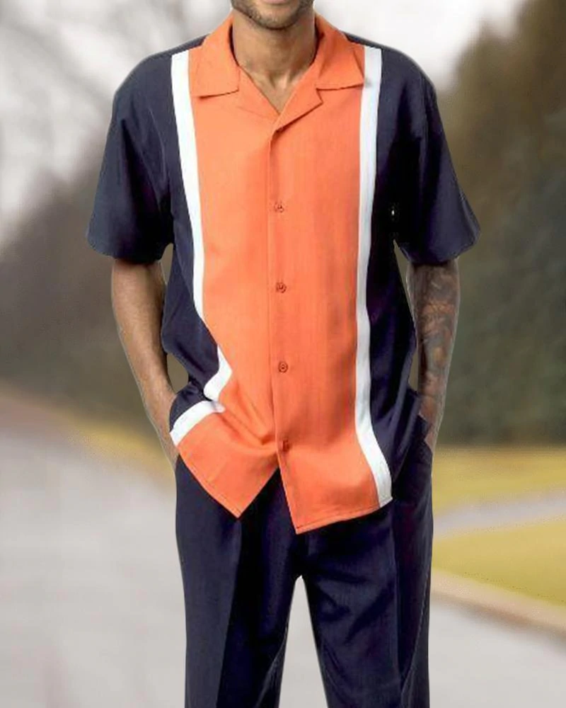 Short Sleeve Print Walking Suit Set With Long Pants