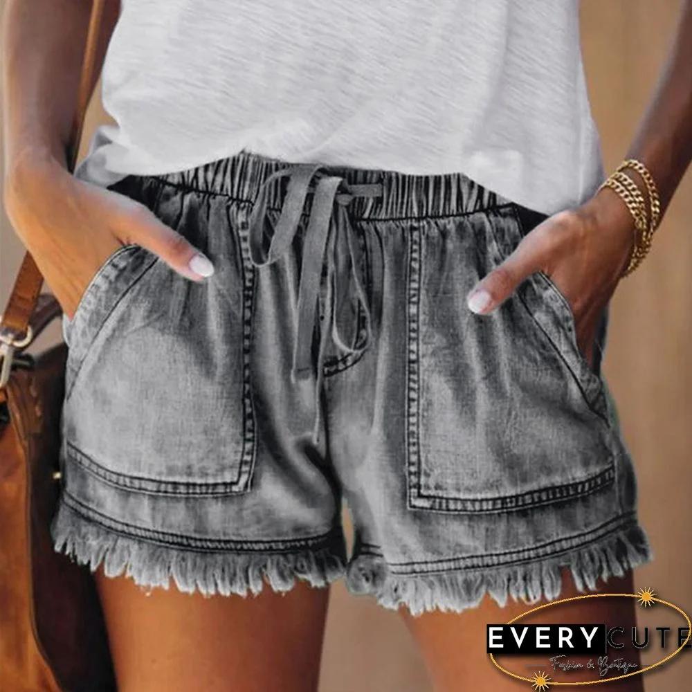 Ladies Elastic Waist Casual High Waist Slim Thin Denim Shorts Hot Pants