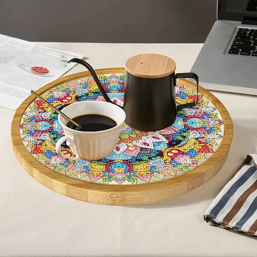 DIY Diamond Painting Kit Round Wooden Tray Diamond Painting Tray (Mandala B)