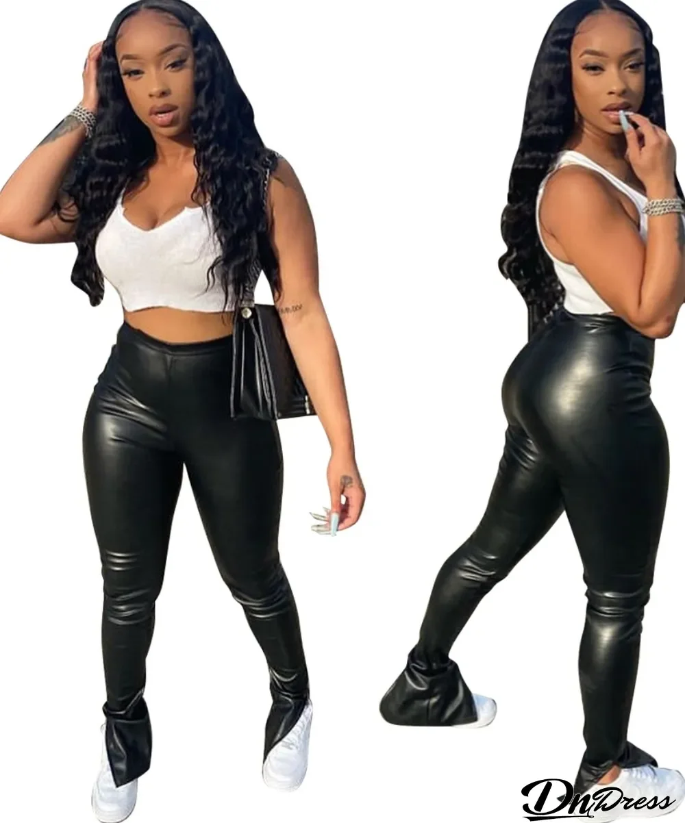 Leather Sexy High Waist Slit Bottom Trousers