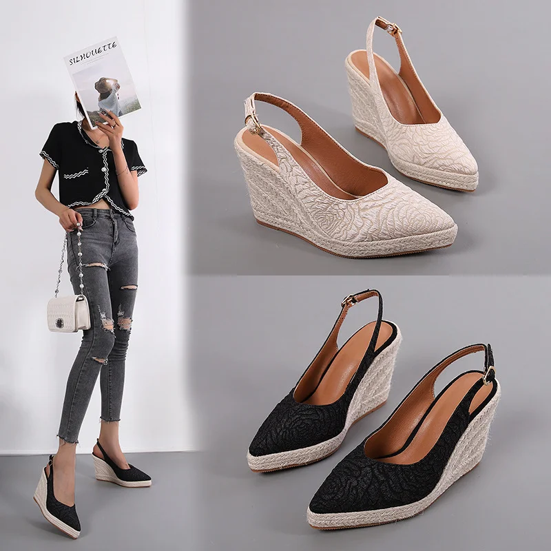 Wongn Wongn Heel Thick High Heel Pointed Head Drag Sandals Women Shallow Mouth Empty Single Shoes Straw Hemp Rope