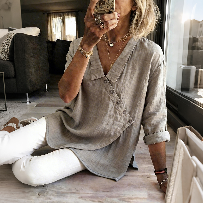 Comstylish Women's Solid Color Button Design Linen Blend Shirt