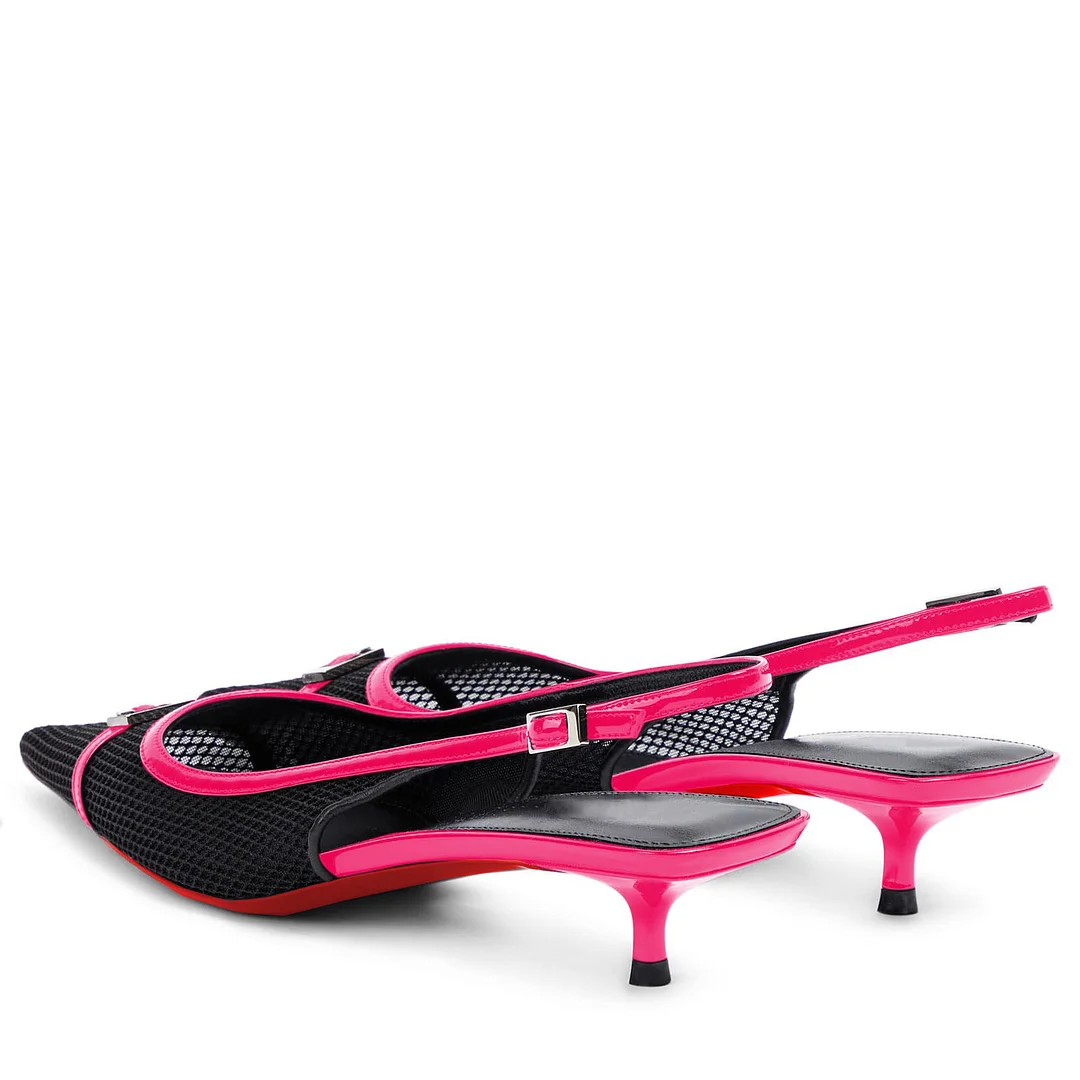 2.36" Women's Pointed Toe Red Bottom Sandals Slingback Shoes Kitten Heel Pumps Mesh Summer Shoes-MERUMOTE