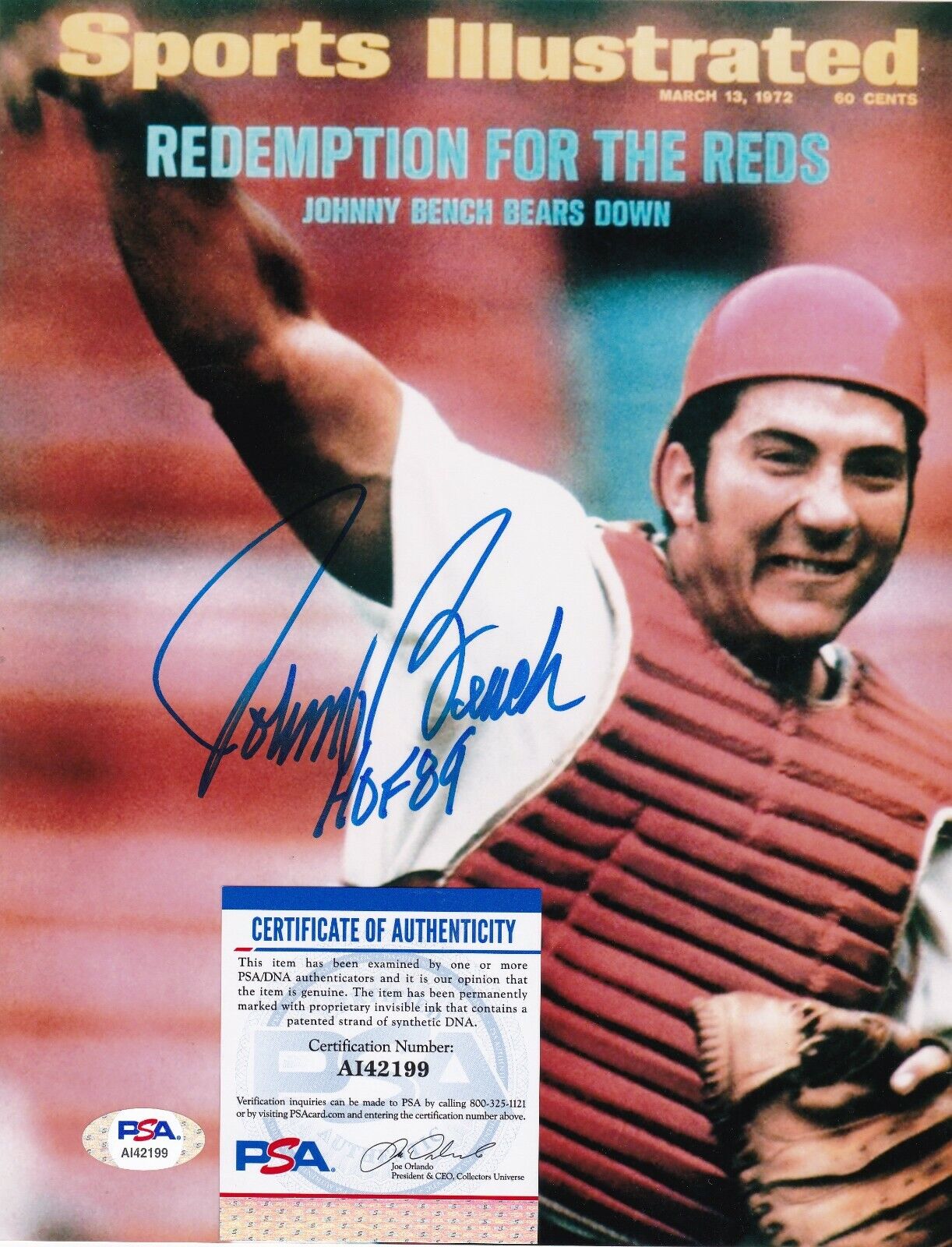 JOHNNY BENCH CINCINNATI REDS HOF 89 SPORTS ILLUSTRATED COVER PSA SIGNED 8x10