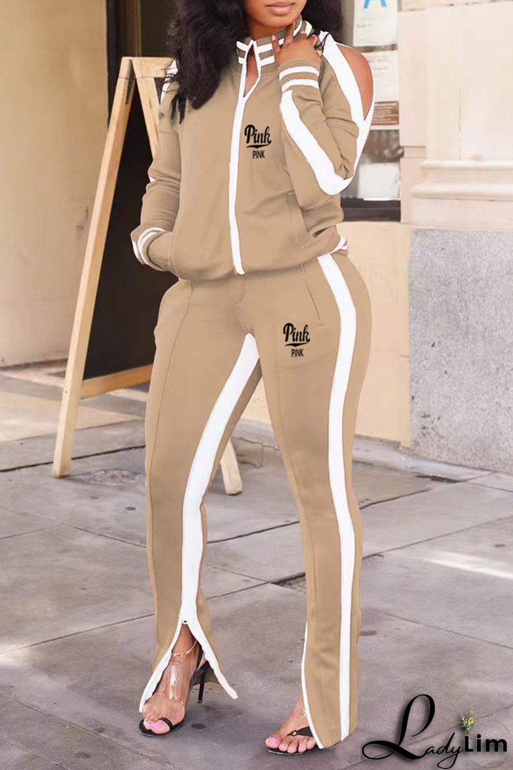 Black Yellow Casual Print Slit Zipper Collar Long Sleeve Two Pieces