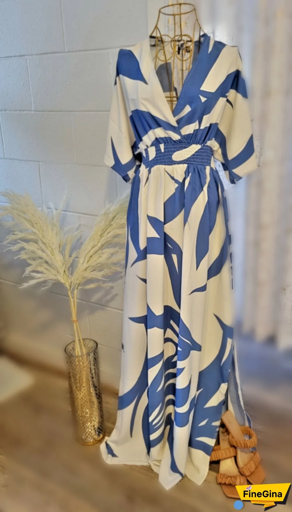 Blue Print 3/4 Sleeve Maxi Dress