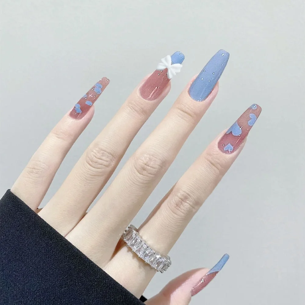 Press On Nails with line Small drill design Coffin False Nails Stick-on nails Full Cover Fake Nails Tips for nails Free shipping-Nail Inspo