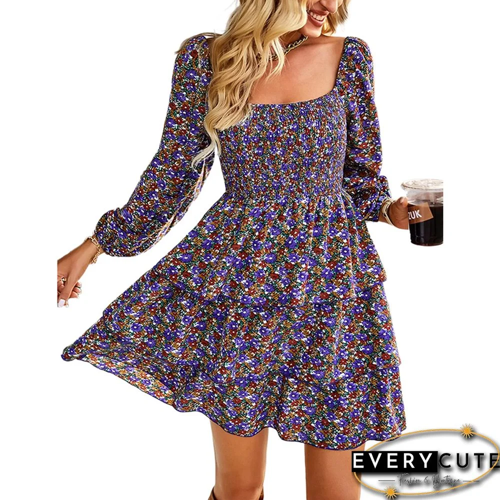 Purple Square Neck Layered Long Sleeve Floral Dress