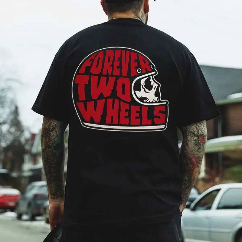 FOREVER TWO WHEELS Helmet Skull Print Men's T-shirt