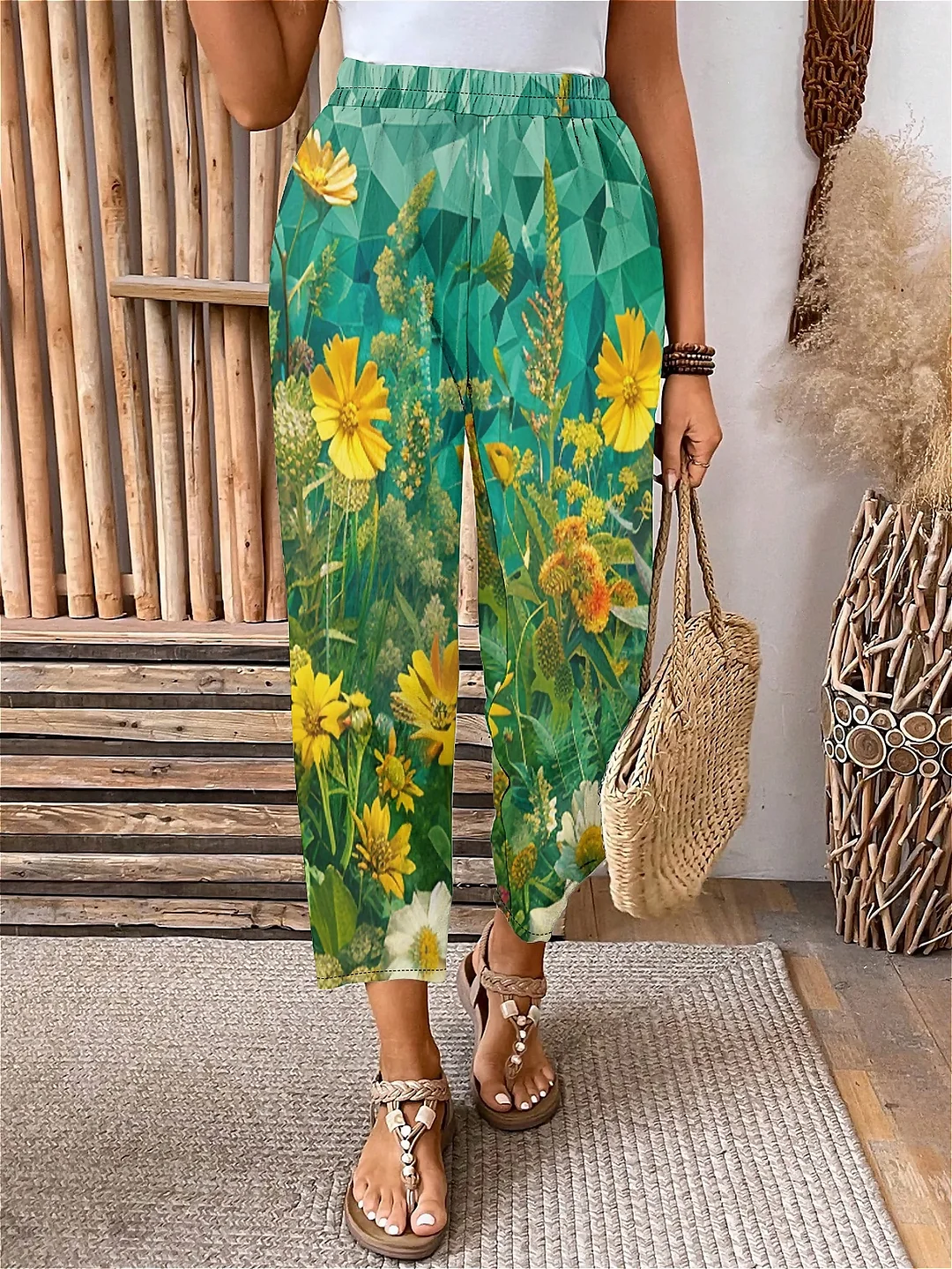 Plus Size Elastic Waist Turquoise,Floral,Bohemian Printed Pants