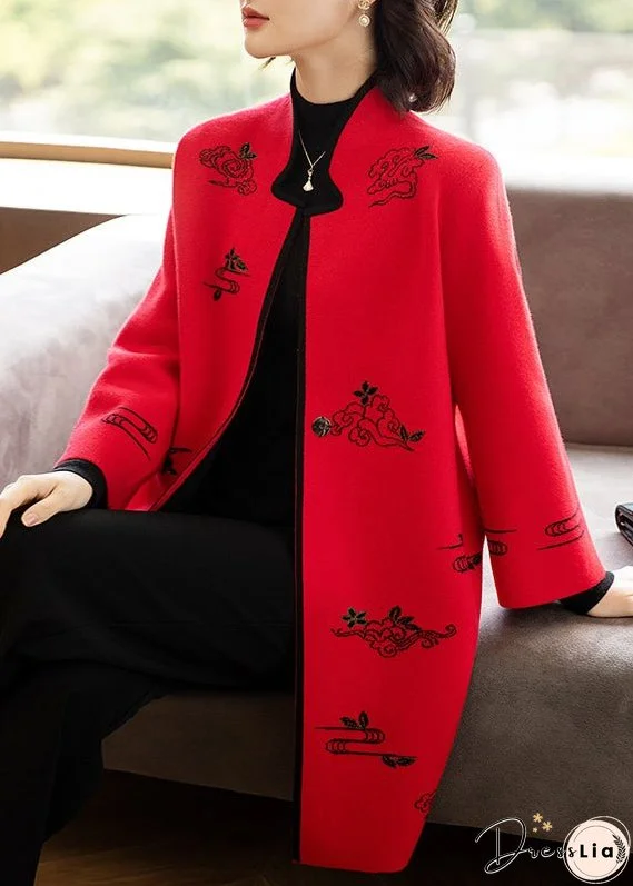 Red Embroideried Stand Collar Patchwork Wool Coats Stand Collar Long Sleeve
