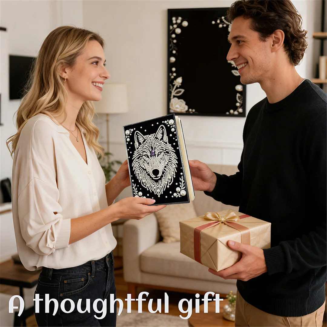 Wolves Partial Pearl DIY 50 Pages A5 Diamond Painting Notebook Special Shaped Diamond Art Diary Book Kits Wireless Strip 5D Crystal Art Paintings Sketchbook for Art Drawing