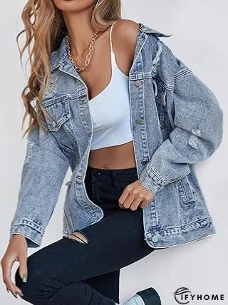Blue Shirt Collar Plain Long Sleeve Denim Denim Jacket | IFYHOME